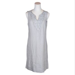 Lina Tomei Italian Linen Dress Gray Embroidered Boho Sleeveless M Made Italy